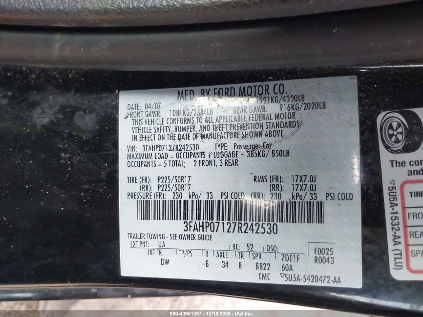 2007 Ford Fusion Se VIN: 3FAHP07127R242530 Lot: 43951397