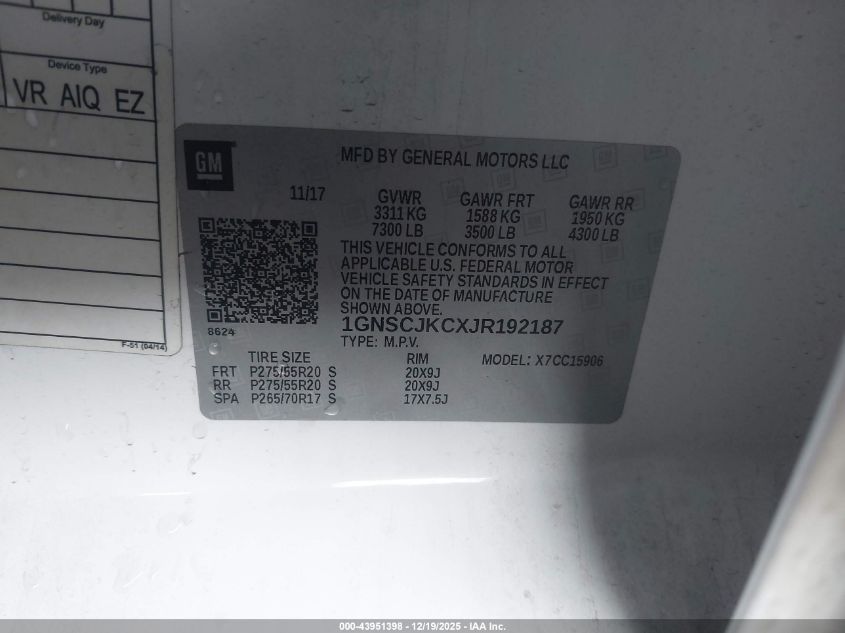 2018 Chevrolet Suburban Premier VIN: 1GNSCJKCXJR192187 Lot: 43951398