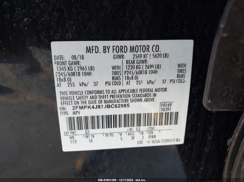 2018 Ford Edge Sel VIN: 2FMPK4J87JBC62985 Lot: 43951399