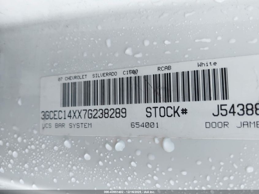 2007 Chevrolet Silverado 1500 Classic Work Truck VIN: 3GCEC14XX7G238289 Lot: 43951402