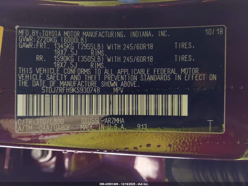 2019 Toyota Highlander Xle VIN: 5TDJZRFH9KS930748 Lot: 43951406