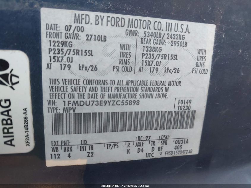 2000 Ford Explorer Xlt VIN: 1FMDU73E9YZC55898 Lot: 43951407