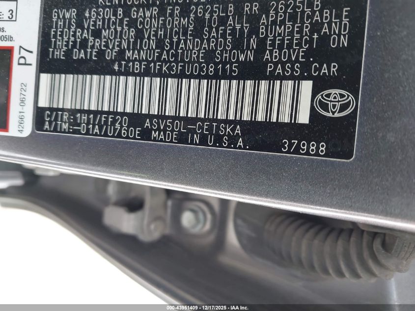 2015 Toyota Camry Se VIN: 4T1BF1FK3FU038115 Lot: 43951409