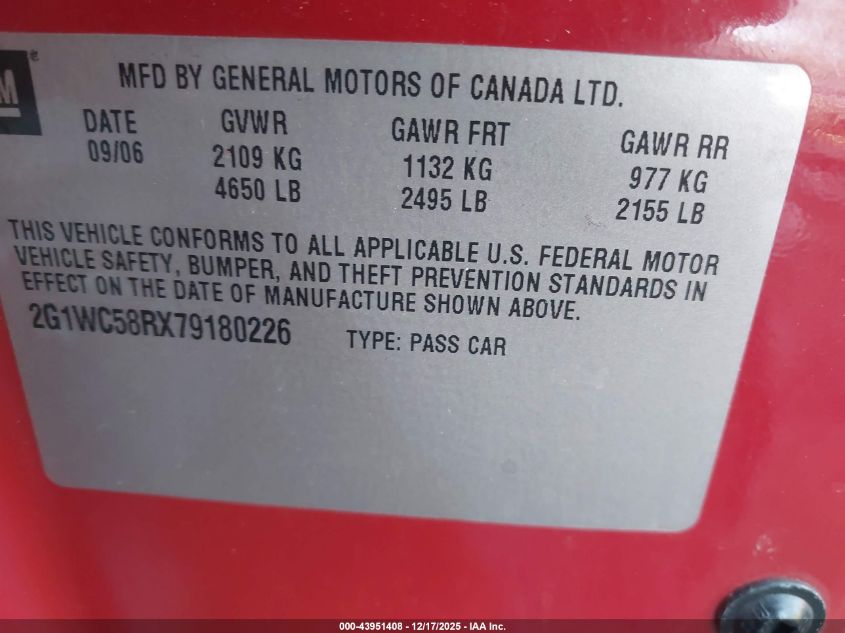 2007 Chevrolet Impala Lt VIN: 2G1WC58RX79180226 Lot: 43951408