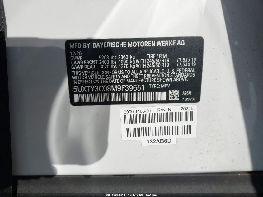 2021 BMW X3 Sdrive30I VIN: 5UXTY3C08M9F39651 Lot: 43951411