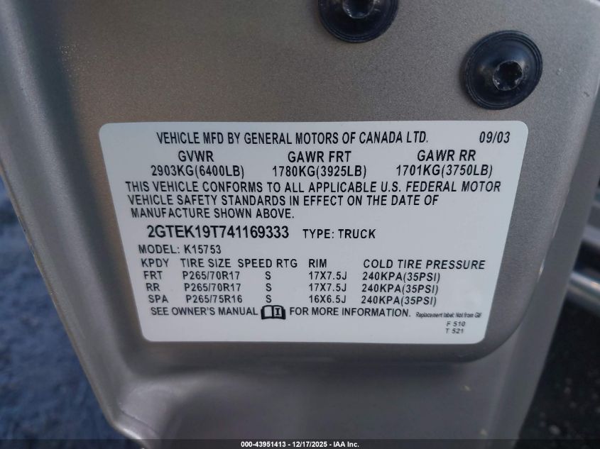 2004 GMC Sierra 1500 Slt VIN: 2GTEK19T741169333 Lot: 43951413