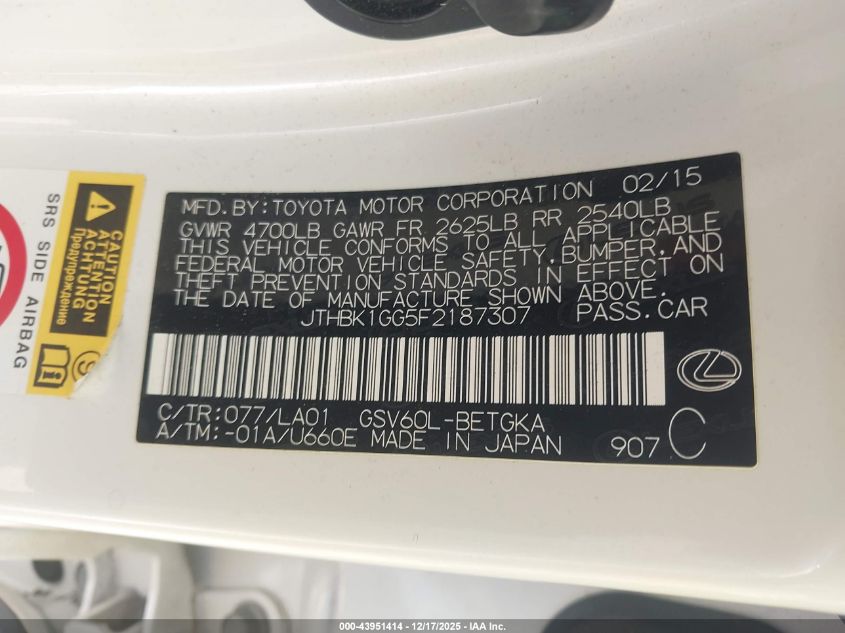 2015 Lexus Es 350 VIN: JTHBK1GG5F2187307 Lot: 43951414