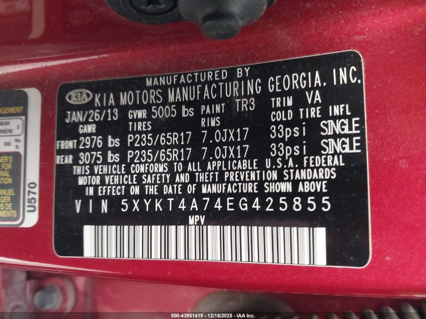 2014 Kia Sorento Lx VIN: 5XYKT4A74EG425855 Lot: 43951419