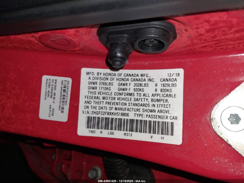 2019 Honda Civic Sport VIN: 2HGFC2F8XKH518806 Lot: 43951420