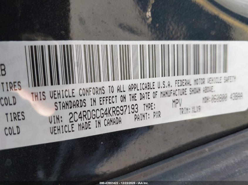 2019 Dodge Grand Caravan Sxt VIN: 2C4RDGCG4KR697193 Lot: 43951422