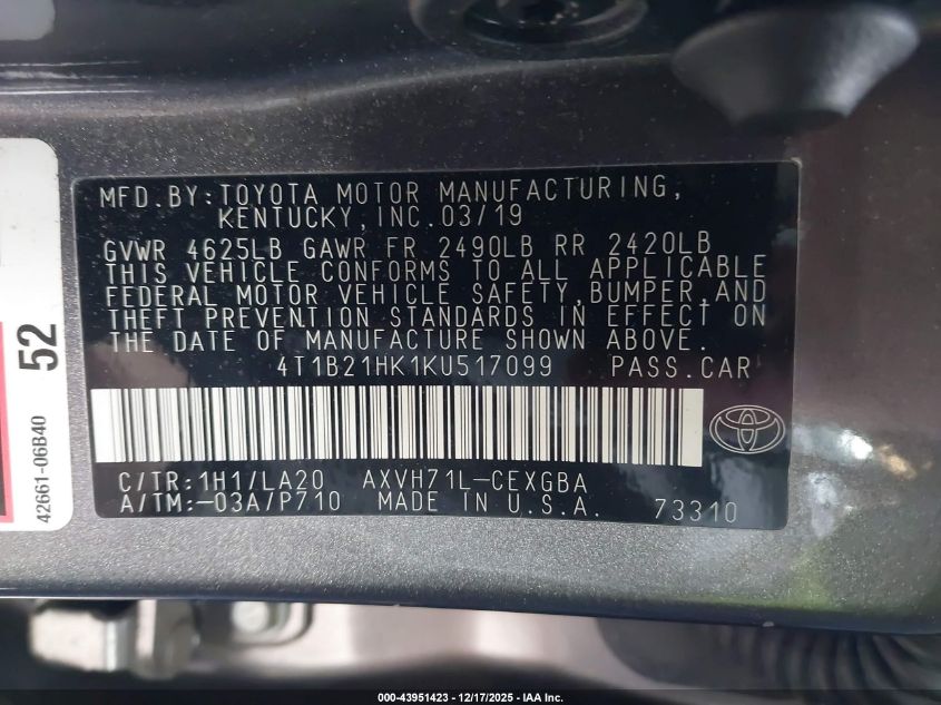 2019 Toyota Camry Hybrid Xle VIN: 4T1B21HK1KU517099 Lot: 43951423