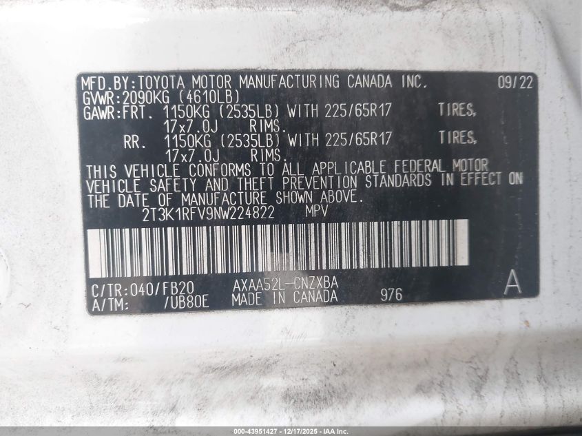 2022 Toyota Rav4 Le VIN: 2T3K1RFV9NW224822 Lot: 43951427