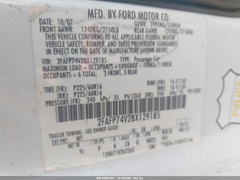 2008 Ford Crown Victoria Lx VIN: 2FAFP74V28X129185 Lot: 43951431