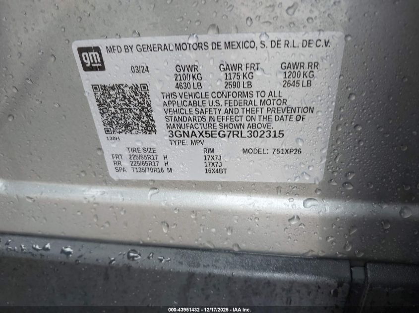 2024 Chevrolet Equinox Awd 1Fl VIN: 3GNAX5EG7RL302315 Lot: 43951432