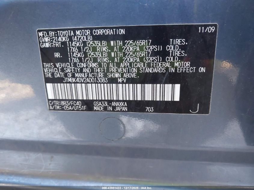 2010 Toyota Rav4 Base V6 VIN: JTMBK4DV2AD013083 Lot: 43951433