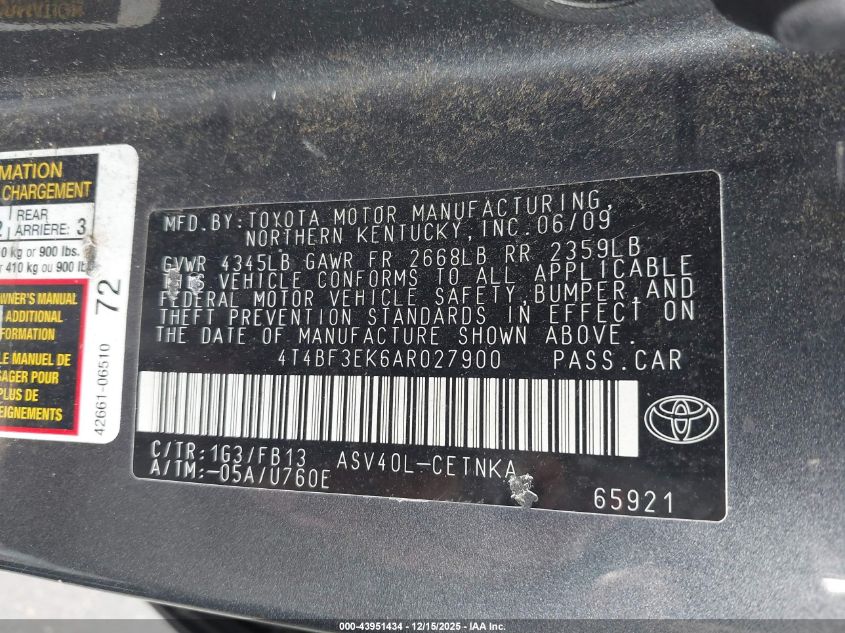 2010 Toyota Camry Le VIN: 4T4BF3EK6AR027900 Lot: 43951434