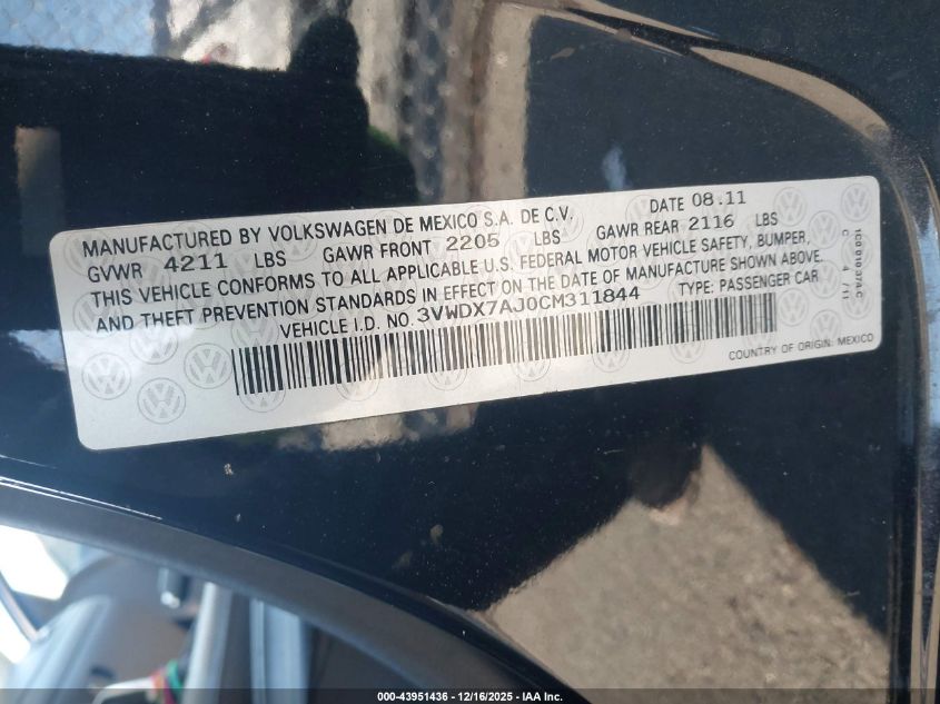 2012 Volkswagen Jetta 2.5L Se VIN: 3VWDX7AJ0CM311844 Lot: 43951436