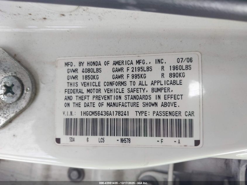 2006 Honda Accord 2.4 Lx VIN: 1HGCM56436A178241 Lot: 43951435