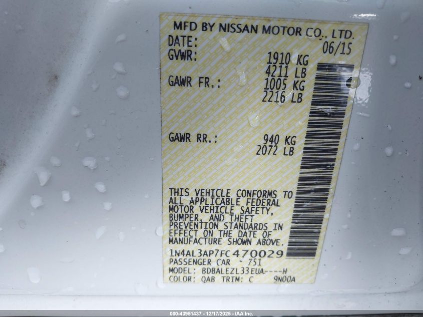 2015 Nissan Altima 2.5 S VIN: 1N4AL3AP7FC470029 Lot: 43951437