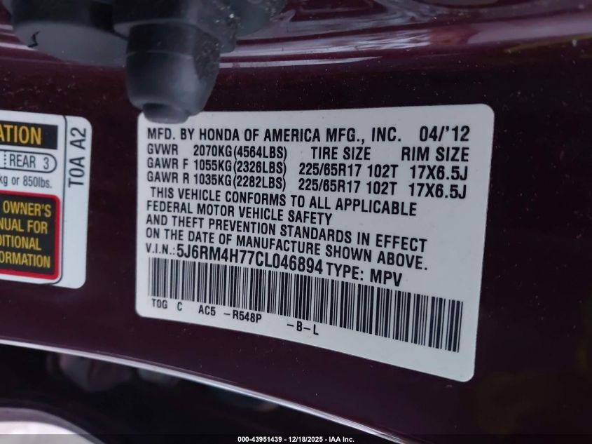 2012 Honda Cr-V Ex-L VIN: 5J6RM4H77CL046894 Lot: 43951439
