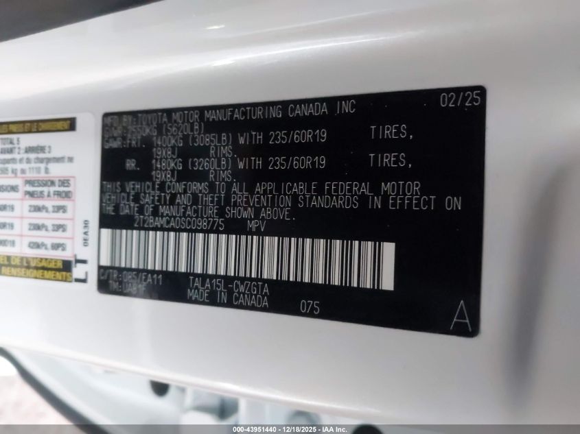 2025 Lexus Rx 350 Premium VIN: 2T2BAMCA0SC098775 Lot: 43951440