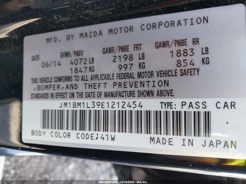 2014 Mazda Mazda3 S Touring VIN: JM1BM1L39E1212454 Lot: 43951442