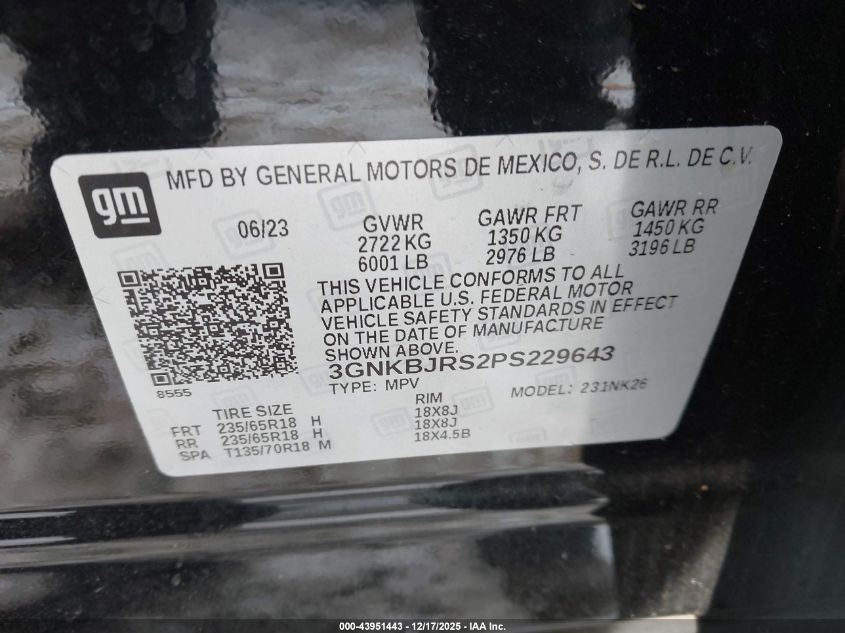 2023 Chevrolet Blazer Awd 3Lt VIN: 3GNKBJRS2PS229643 Lot: 43951443