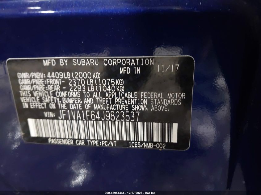 2018 Subaru Wrx Limited VIN: JF1VA1F64J9823537 Lot: 43951444
