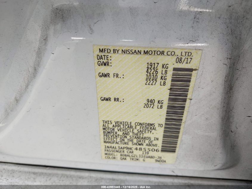 2017 Nissan Altima 2.5 S VIN: 1N4AL3AP9HC485506 Lot: 43951445