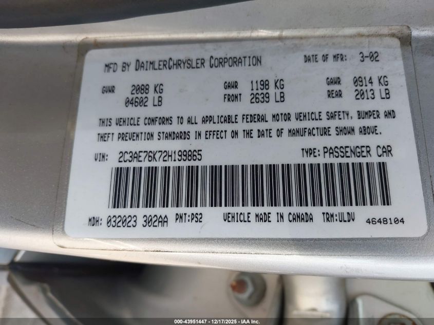 2002 Chrysler 300M Special Edition VIN: 2C3AE76K72H199865 Lot: 43951447