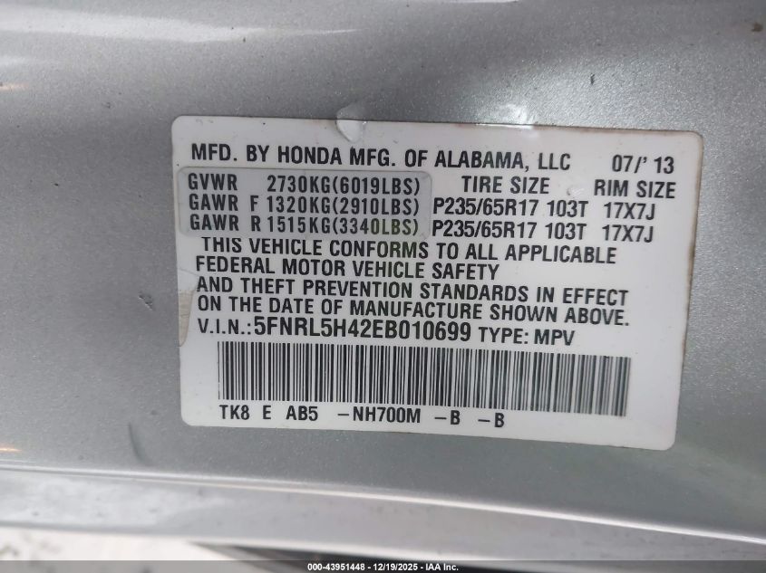 2014 Honda Odyssey Ex VIN: 5FNRL5H42EB010699 Lot: 43951448