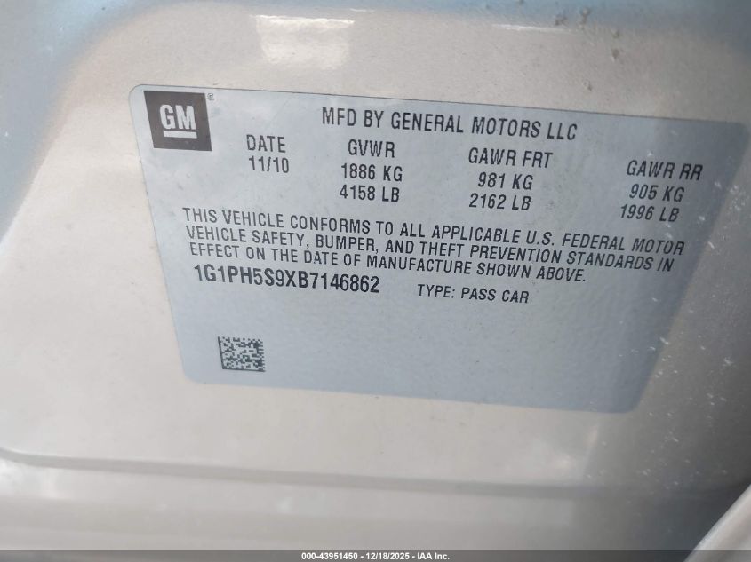 2011 Chevrolet Cruze Ltz VIN: 1G1PH5S9XB7146862 Lot: 43951450