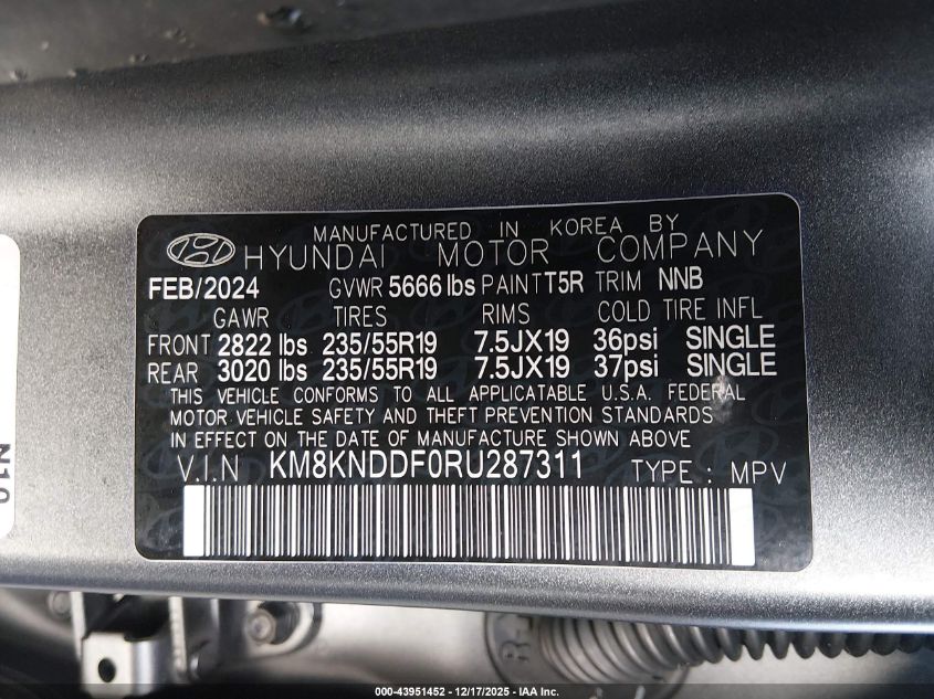 2024 Hyundai Ioniq 5 Sel VIN: KM8KNDDF0RU287311 Lot: 43951452