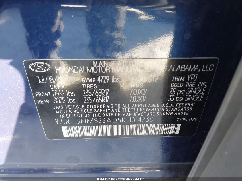 2019 Hyundai Santa Fe Se VIN: 5NMS23AD5KH014730 Lot: 43951460