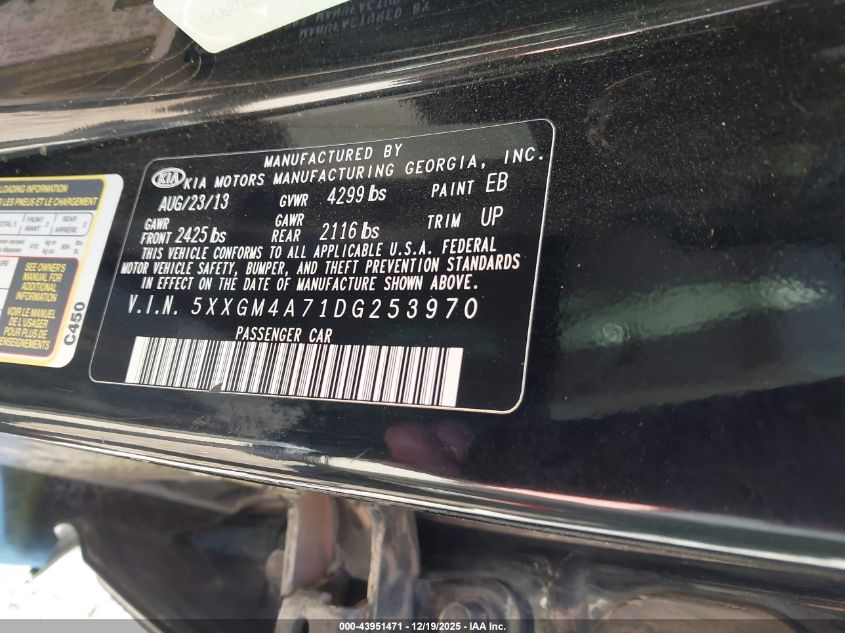 2013 Kia Optima Lx VIN: 5XXGM4A71DG253970 Lot: 43951471