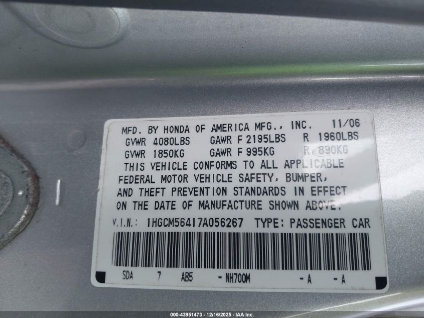 2007 Honda Accord 2.4 Lx VIN: 1HGCM56417A056267 Lot: 43951473