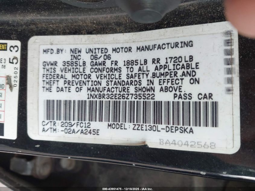 2006 Toyota Corolla S VIN: 1NXBR32E26Z735522 Lot: 43951475