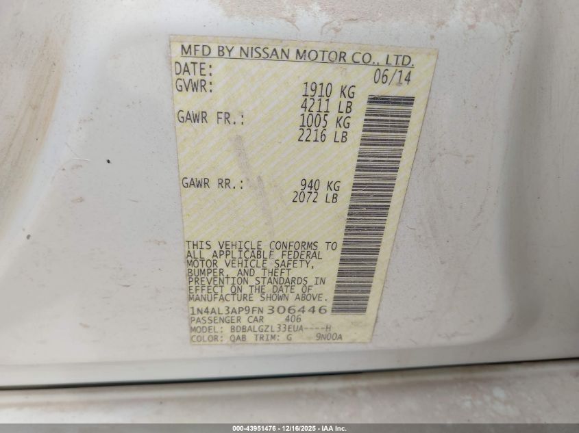 2015 Nissan Altima 2.5 S VIN: 1N4AL3AP9FN306446 Lot: 43951476