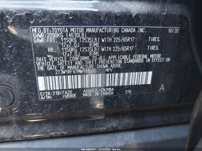 2021 Toyota Rav4 Xle VIN: 2T3W1RFV7MW111595 Lot: 43951477