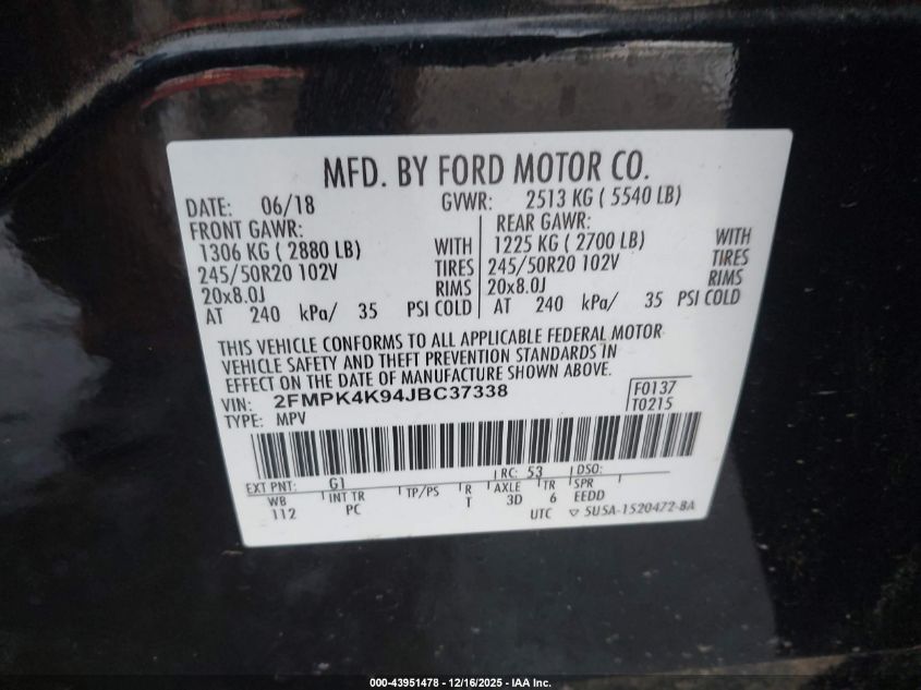 2018 Ford Edge Titanium VIN: 2FMPK4K94JBC37338 Lot: 43951478