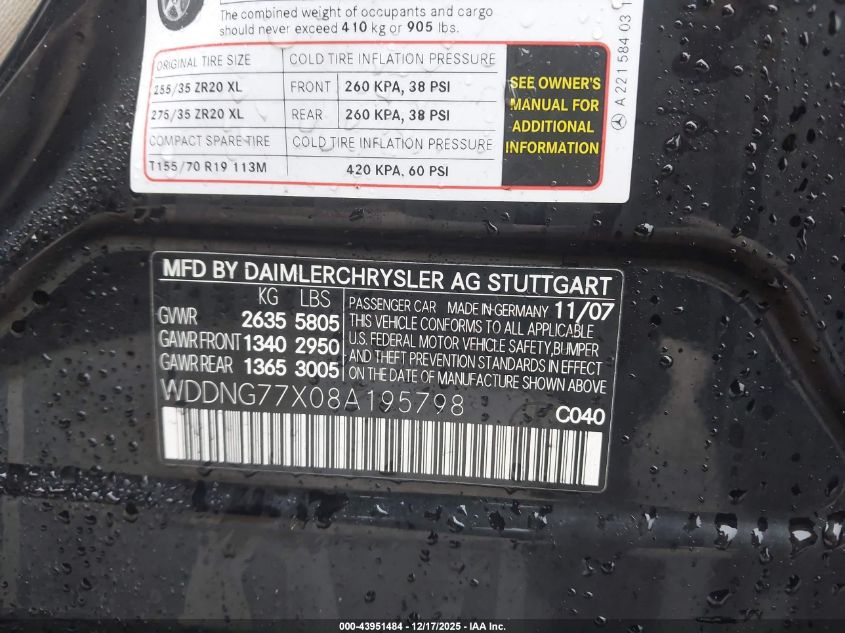 2008 Mercedes-Benz S 63 Amg VIN: WDDNG77X08A195798 Lot: 43951484