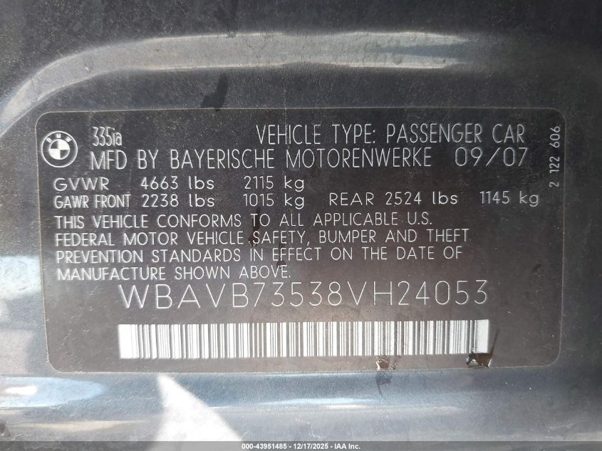2008 BMW 335I VIN: WBAVB73538VH24053 Lot: 43951485