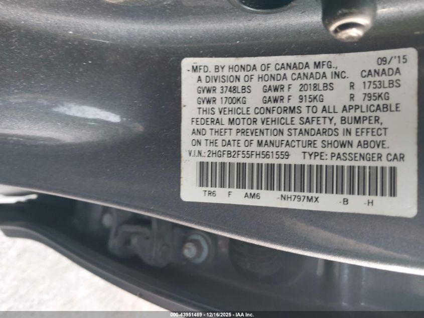 2015 Honda Civic Lx VIN: 2HGFB2F55FH561559 Lot: 43951489