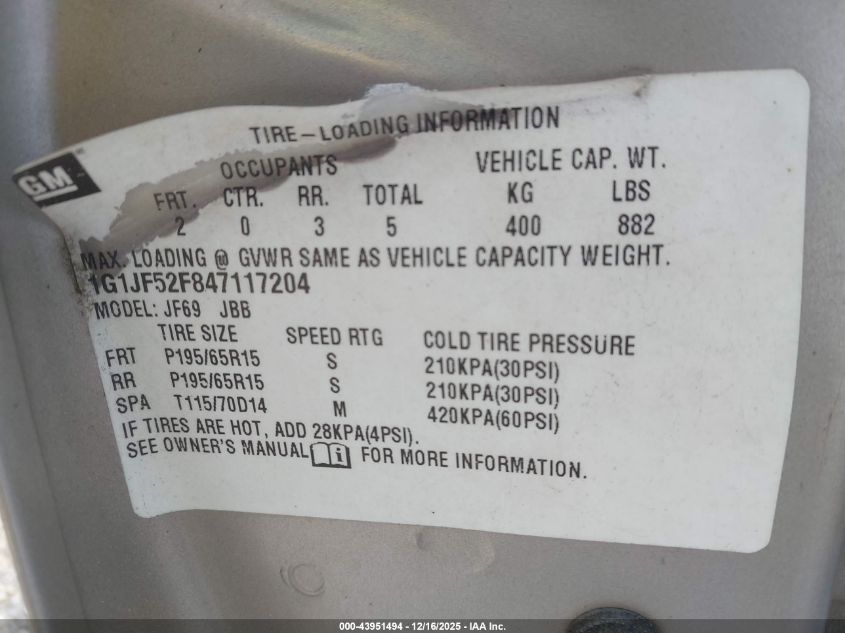 2004 Chevrolet Cavalier Ls VIN: 1G1JF52F847117204 Lot: 43951494