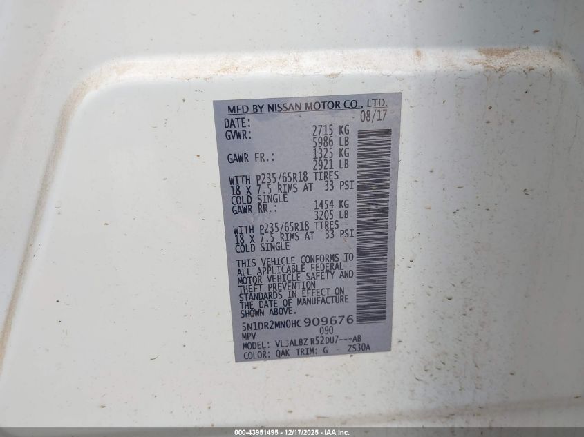 2017 Nissan Pathfinder S VIN: 5N1DR2MN0HC909676 Lot: 43951495