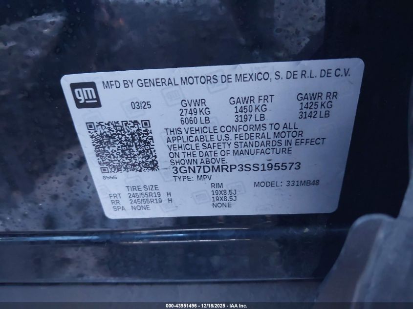 2025 Chevrolet Equinox Ev Lt 1 VIN: 3GN7DMRP3SS195573 Lot: 43951496