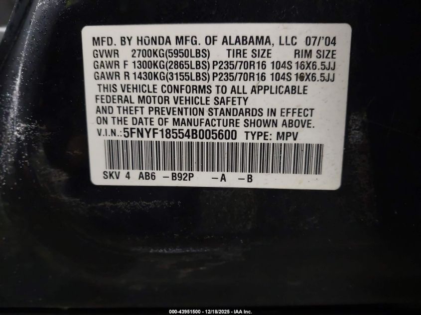 2004 Honda Pilot Ex-L VIN: 5FNYF18554B005600 Lot: 43951500