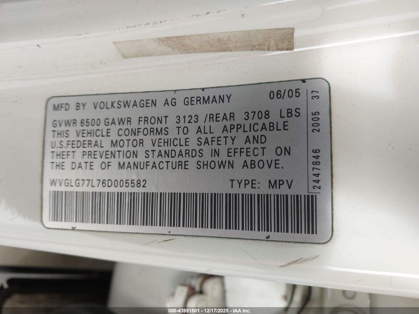 2006 Volkswagen Touareg V6 VIN: WVGLG77L76D005582 Lot: 43951501