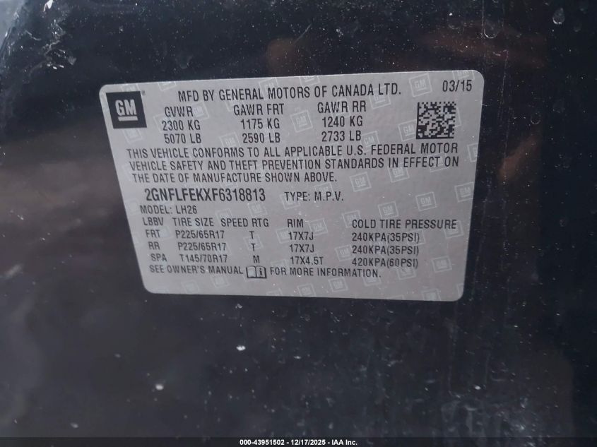 2015 Chevrolet Equinox 1Lt VIN: 2GNFLFEKXF6318813 Lot: 43951502