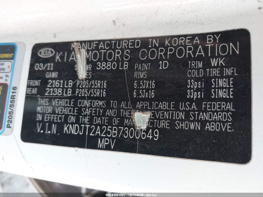 2011 Kia Soul + VIN: KNDJT2A25B7300649 Lot: 43951503